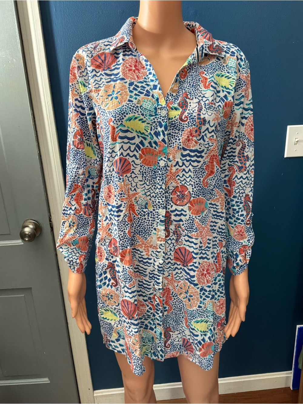 Talbots Multicolor Seashell & Seahorse Print Swim Coverup - Blue, Coral, Green